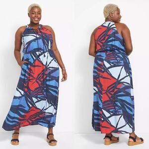 Lane Bryant Dress Palm Print Sleeveless Drawstring Neck Maxi Blue Red Size 16